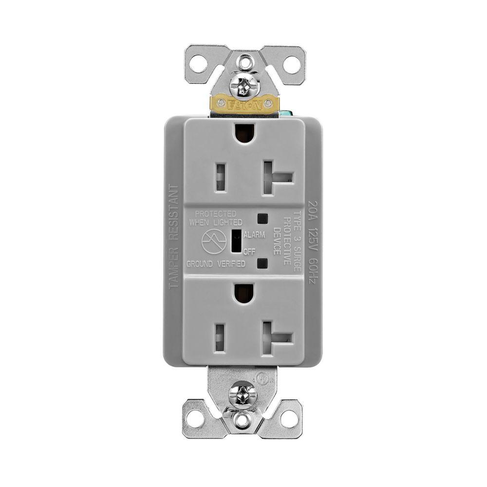 SURGE RECP TR 20A 125V LED & ALARM GY