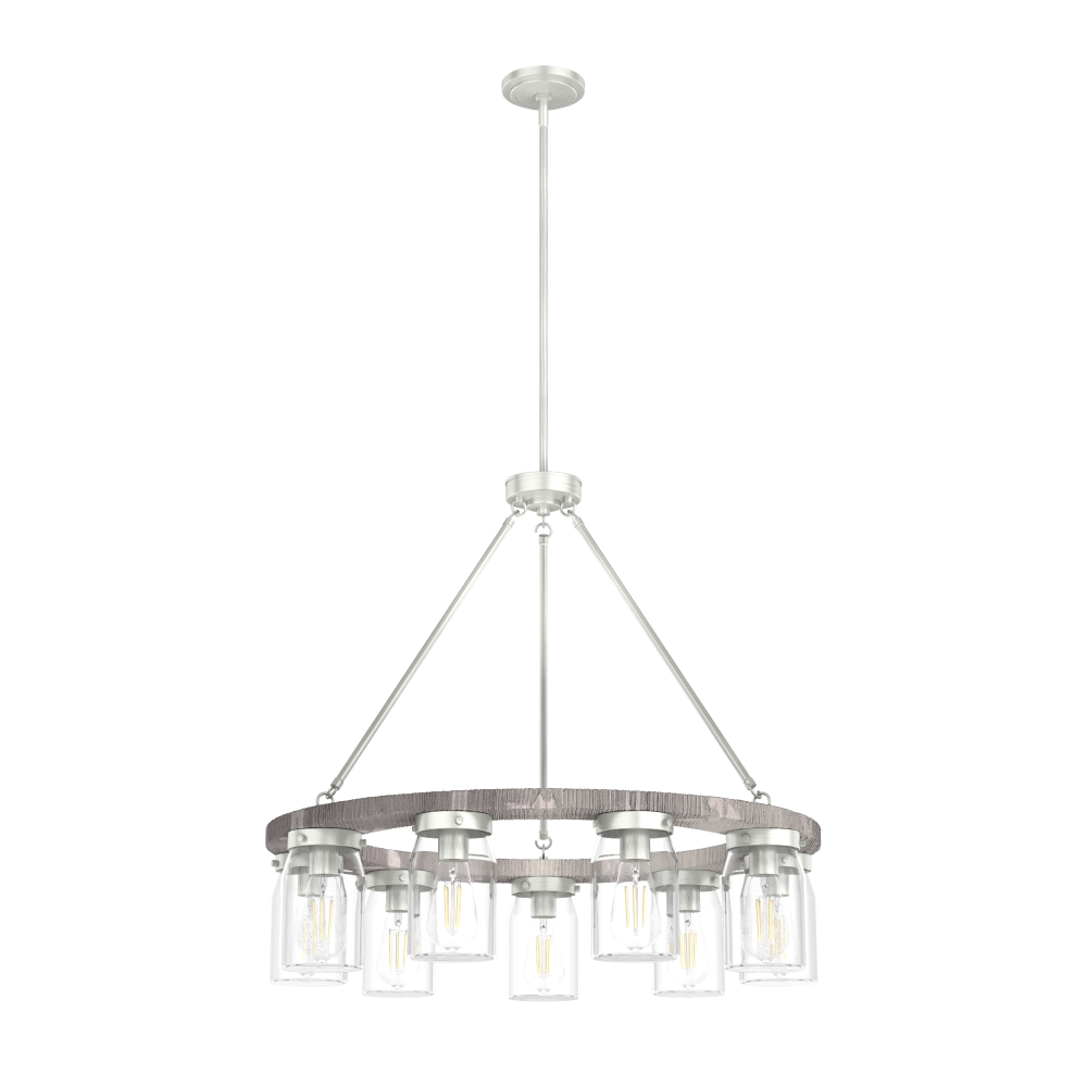 Hunter Devon Park Brushed Nickel and Grey Wood with Clear Glass 9 Light Chandelier Ceiling Light